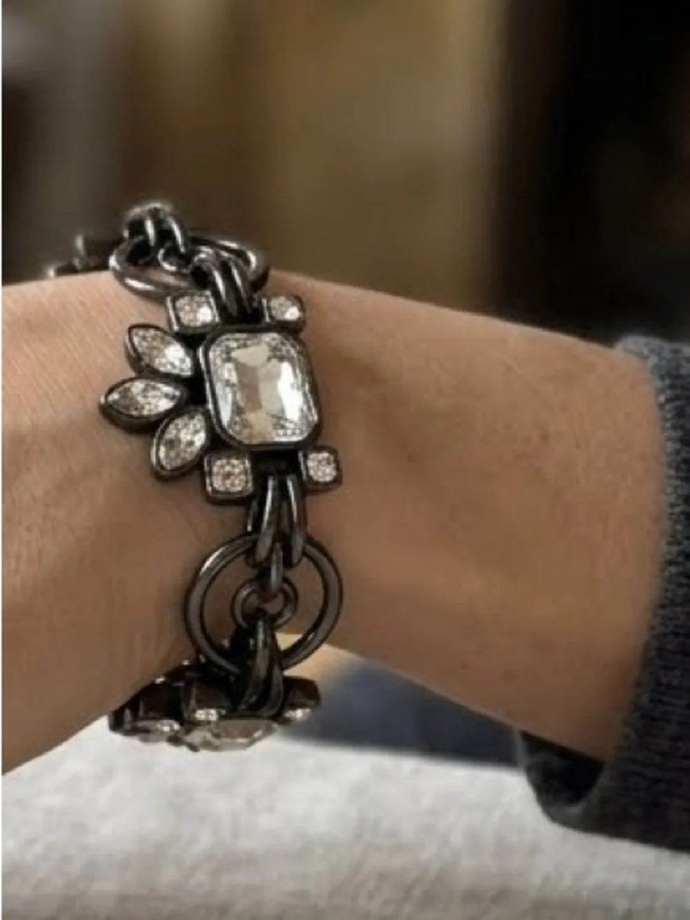 White House Black Market Gunmetal Bracelet with Clear Crystal Accents